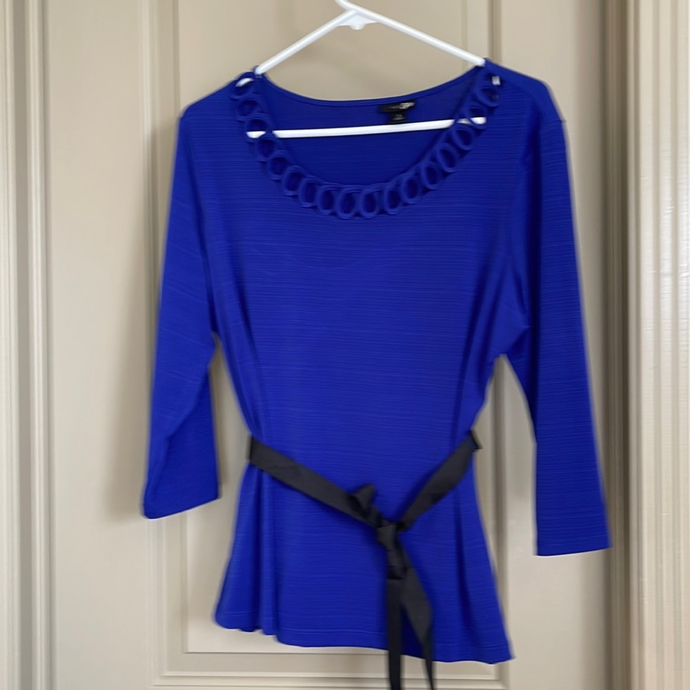 Royal blue blouse with scallop neckline, size: large